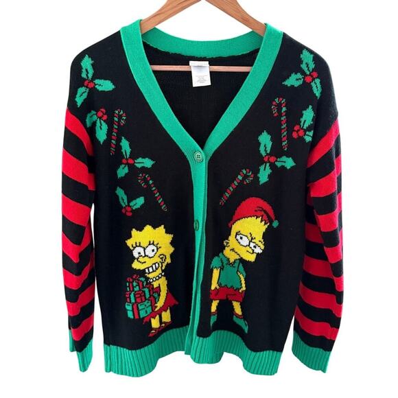 The Simpsons Christmas Lisa Bart Womens Holiday Cardigan Ugly Sweater Size M - Picture 1 of 6